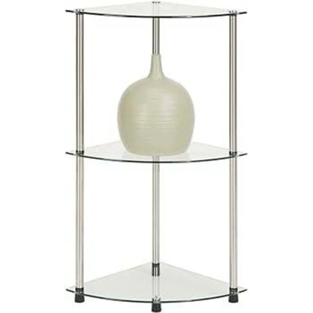 Modern 3 Tier Small Glass Corner Shelf Metal Frame Minimalist Storage Unit